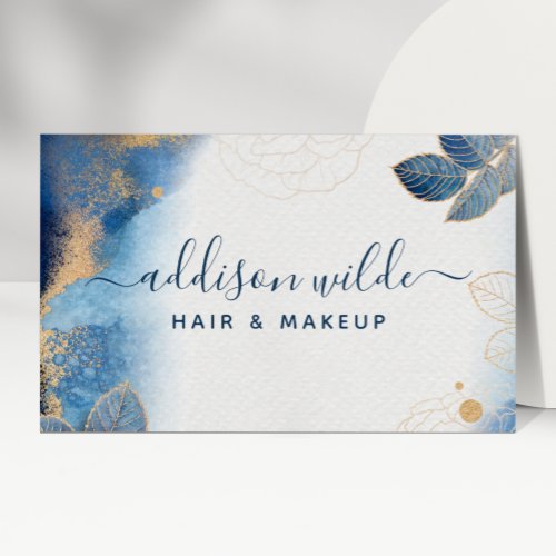 Blue Gold Watercolor Botanical Leaves Abstract Business Card