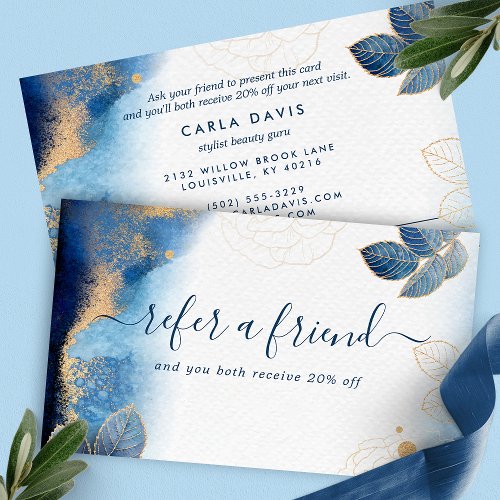 Custom Referral Cards 12 Blue Gold Watercolor Botanical Leaves Abstract Referral Card