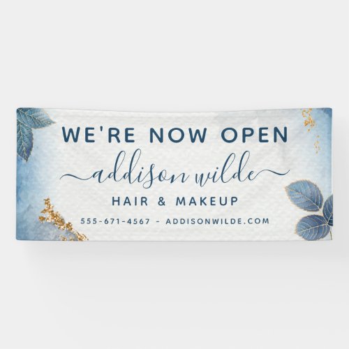 Blue Gold Watercolor Botanical Leaves Business Banner