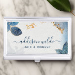 Blue Gold Watercolor Botanical Leaves Business Card Case<br><div class="desc">Blue Gold Watercolor Botanical Leaves Business Card Case. Perfect for a beauty salon,  hair stylist,  makeup artist,  or cosmetologist.</div>