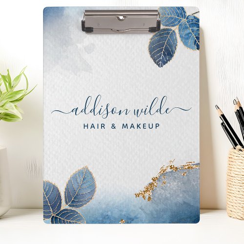 Blue Gold Watercolor Botanical Leaves Business Clipboard