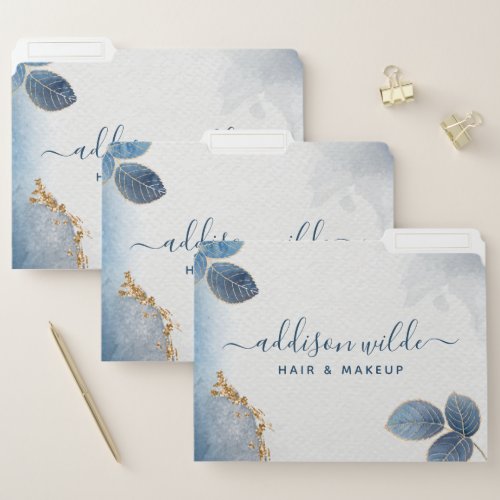 Custom Binders And Folders 5 Blue Gold Watercolor Botanical Leaves Business File Folder