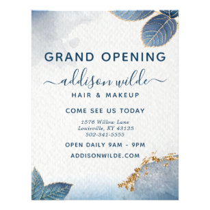 Blue Gold Watercolor Botanical Leaves Business Flyer