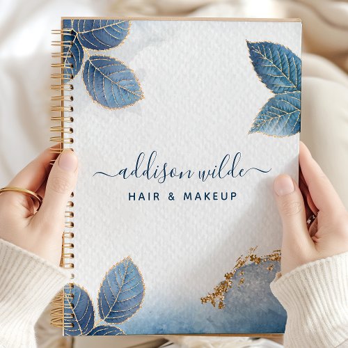 Blue Gold Watercolor Botanical Leaves Business Planner