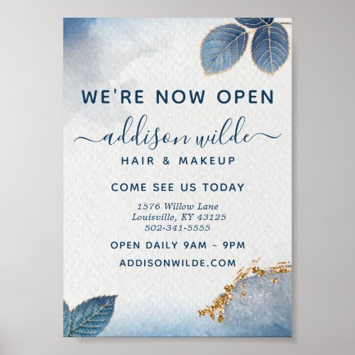 Blue Gold Watercolor Botanical Leaves Business Poster