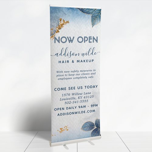 Blue Gold Watercolor Botanical Leaves Business Retractable Banner