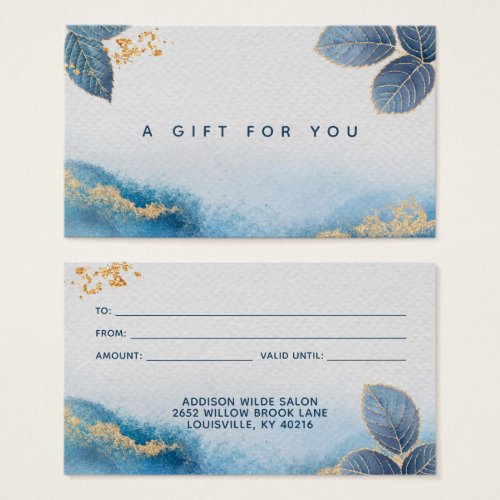 Custom Gift Certificates 11 Blue Gold Watercolor Botanical Leaves Gift Card