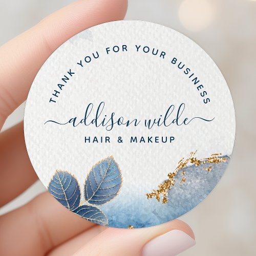 Blue Gold Watercolor Botanical Leaves Thank You Classic Round Sticker