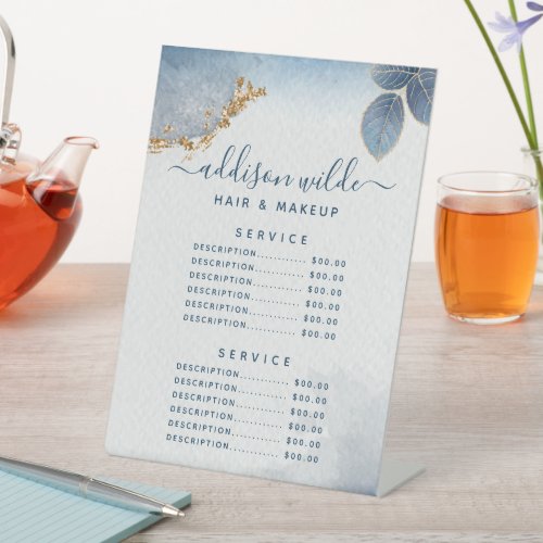 Blue Gold Watercolor Botanical Service Price Menu Pedestal Sign
