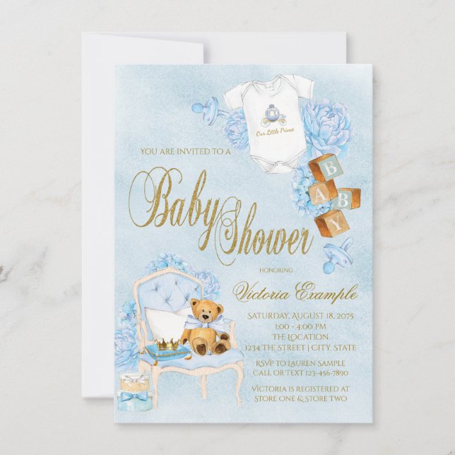 Blue Gold Watercolor Boy Baby Shower Invitation (Front)