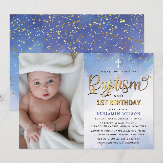 Blue & Gold Watercolor Boy Baptism & 1st Birthday Invitation (Front/Back)