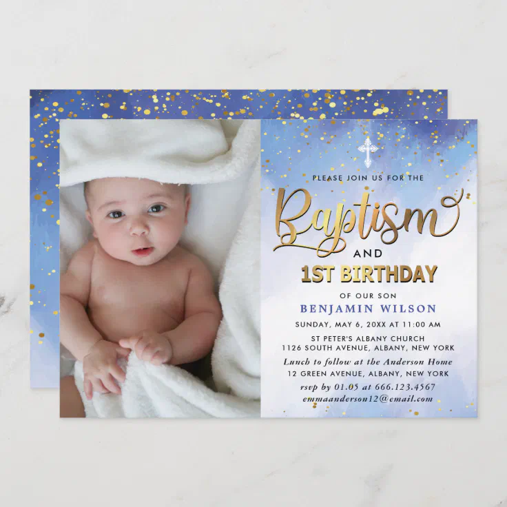 1st Birthday And Baptism Combined Invitations Blue & Gold Watercolor Boy Baptism & 1St Birthday Invitation | Zazzle