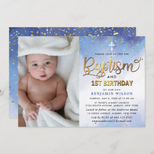 Blue & Gold Watercolor Boy Baptism & 1st Birthday Invitation