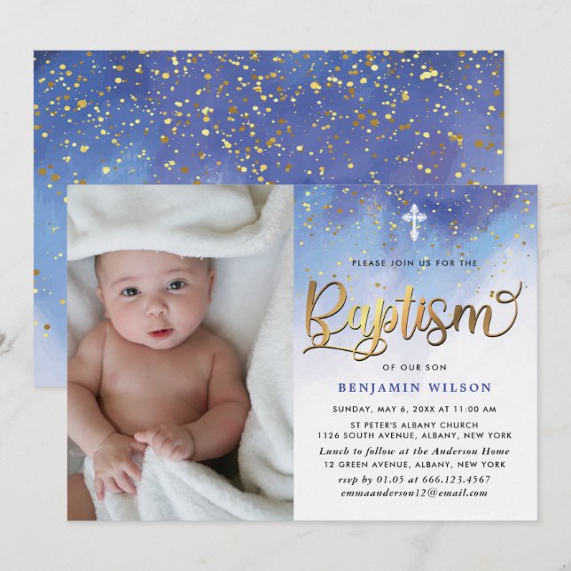 Blue & Gold Watercolor Boy Baptism Invitation (Front/Back)
