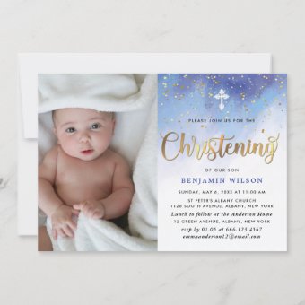 Blue & Gold Watercolor Boy Christening Invitation | Zazzle