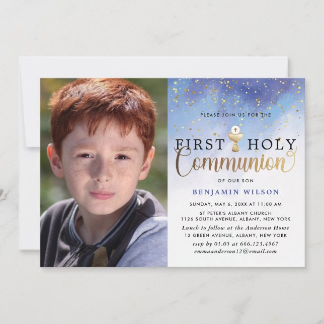Blue & Gold Watercolor Boy First Holy Communion Invitation (Front)