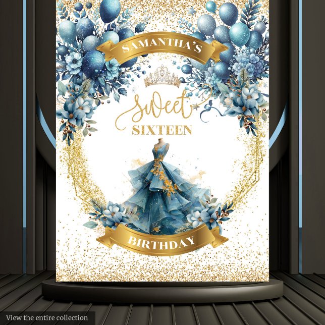 Blue Gold Watercolor Elegant Sweet 16 Dress Banner Tapestry (Blue Gold Watercolor Elegant Sweet 16 Dress Banner)
