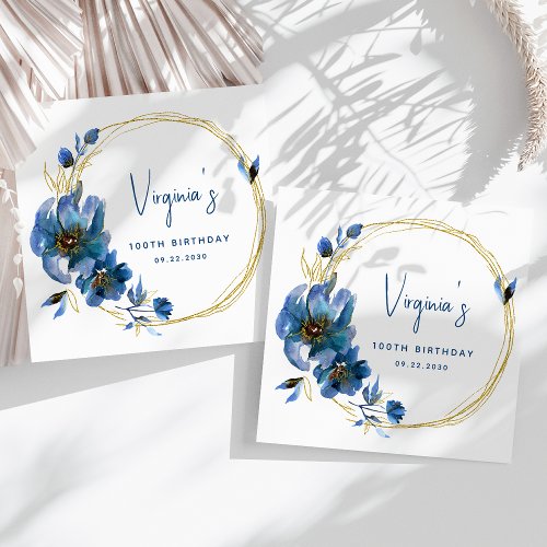 Blue Gold Watercolor Floral 100th Birthday Napkins