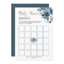 Blue Gold Watercolor Floral Baby Shower Bingo Card