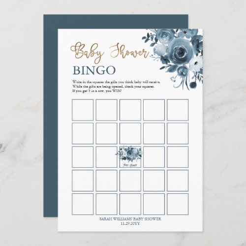 Blue Gold Watercolor Floral Baby Shower Bingo Card