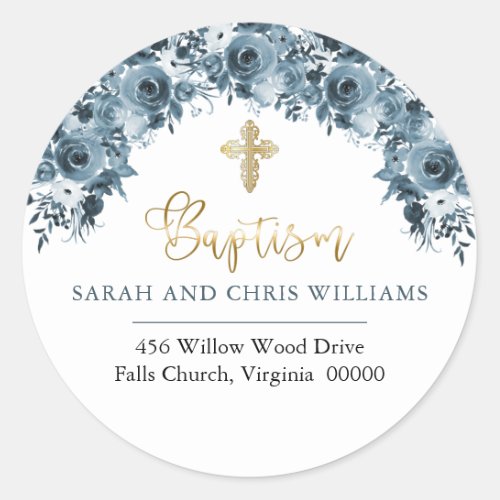 Blue Gold Watercolor Floral Baptism Return Address Classic Round Sticker