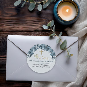Blue Gold Watercolor Floral Baptism Return Address Classic Round Sticker