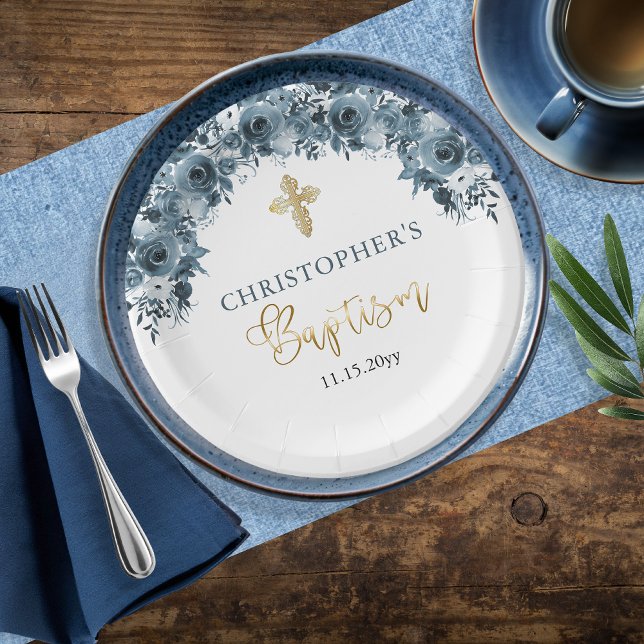 Blue Gold Watercolor Floral Boy Baptism  Paper Plates (Elegant Blue and Faux Gold Watercolor Floral Boy Baptism Paper Plates)