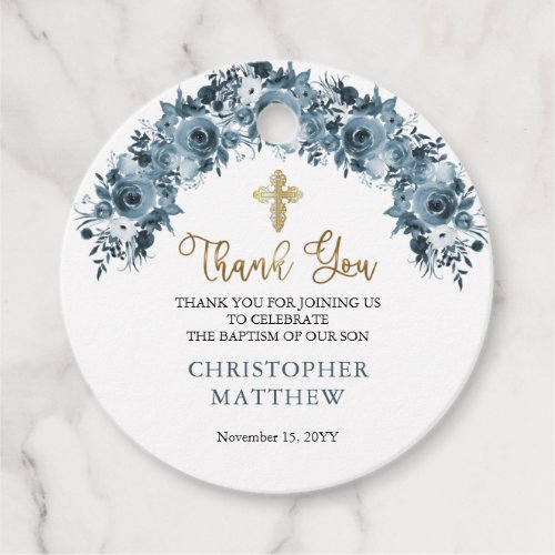 Blue Gold Watercolor Floral Boy Baptism Thank You Favor Tags