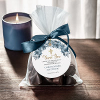 Blue Gold Watercolor Floral Boy Baptism Thank You