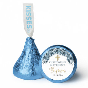 Blue Gold Watercolor Floral Boy Baptism Thank You  Hershey®'s Kisses®