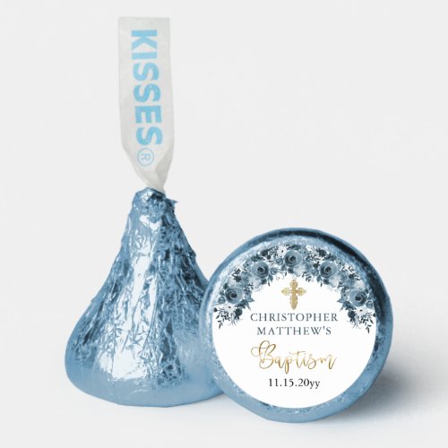 Blue Gold Watercolor Floral Boy Baptism Thank You  Hersheys Kisses