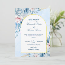 Blue gold Watercolor Floral Wedding Save the Date