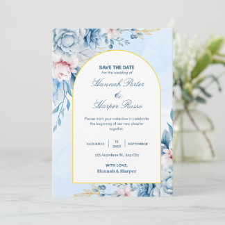Blue gold Watercolor Floral Wedding Save the Date