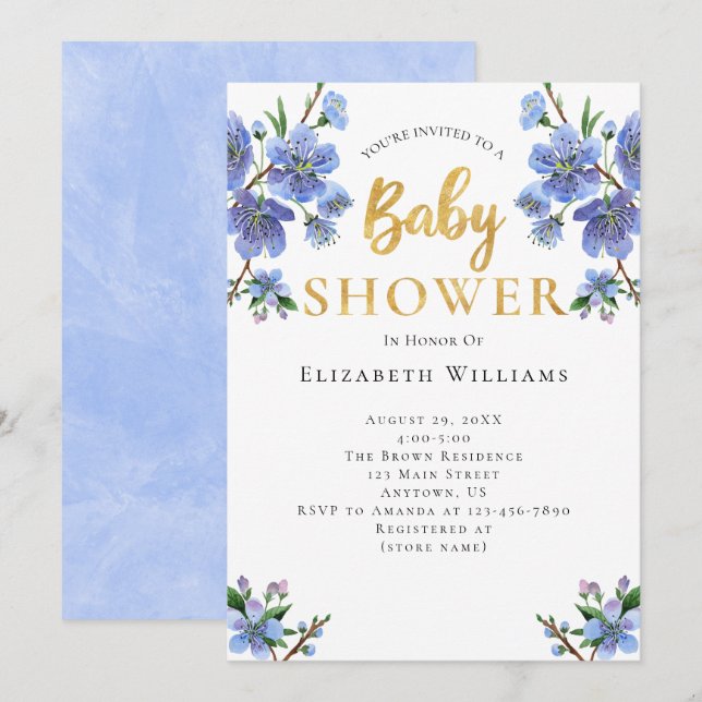 Blue Gold Watercolor Flowers Baby Shower Invitation (Front/Back)
