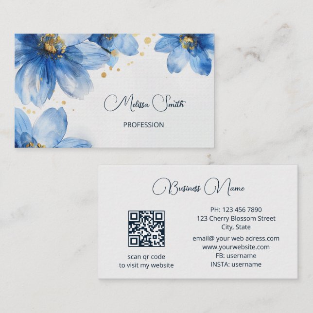 Blue Gold Watercolor Flowers Business Card (Front/Back)