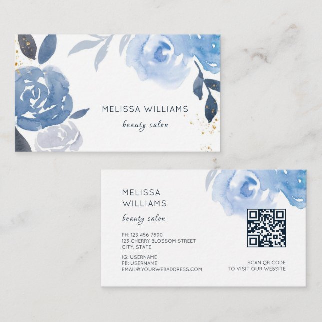 Blue Gold Watercolor Flowers Business Card (Front/Back)