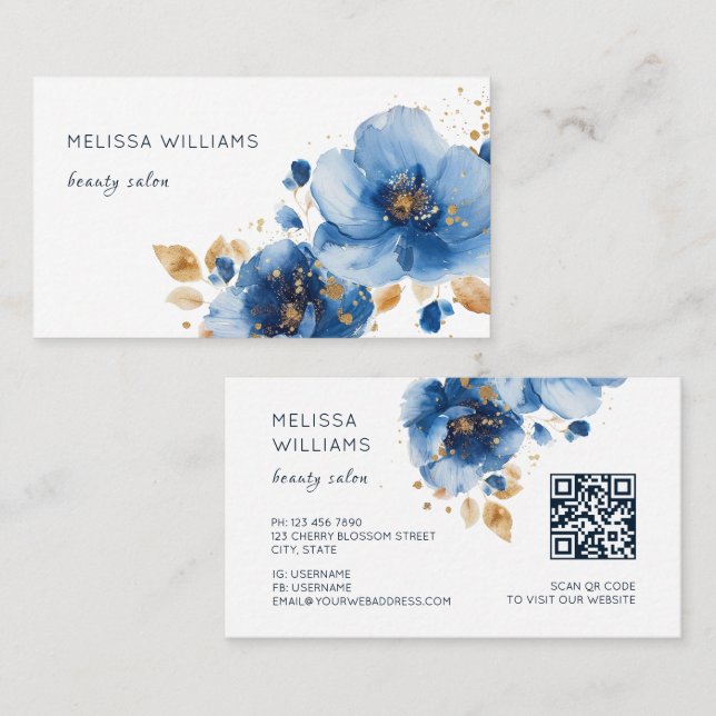 Blue Gold Watercolor Flowers Business Card (Front/Back)