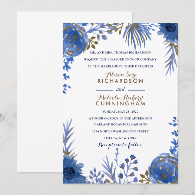 Blue Gold Watercolor flowers Wedding Invitation (Front/Back)