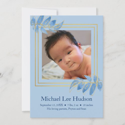 Blue Gold Watercolor Foliage Baby Boy Photo Birth Announcement