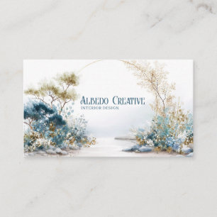 Blue Gold Watercolor Foliage Serene Landscape Business Card
