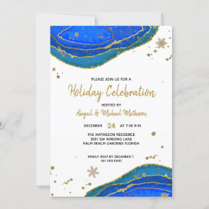 Blue Gold Watercolor Geode Agate Hanukkah Holiday Invitation