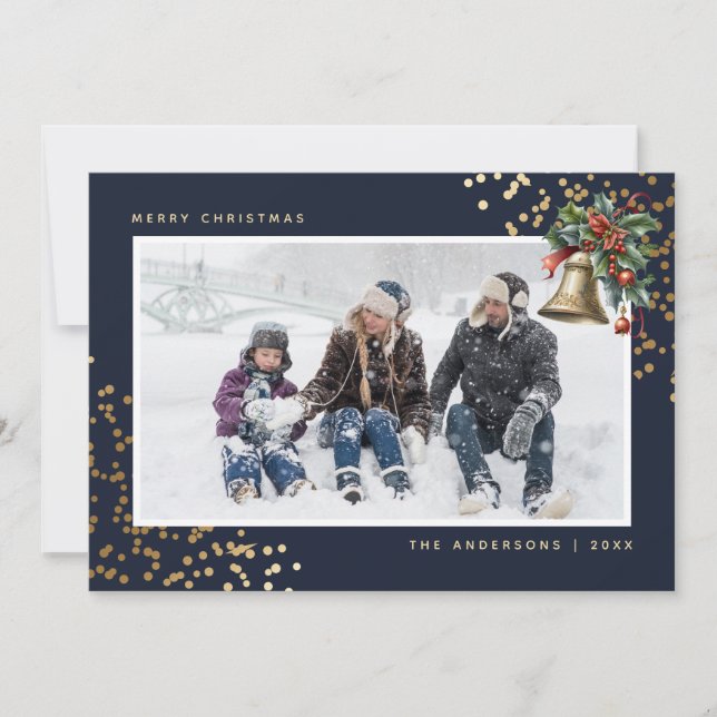 Blue Gold Watercolor Holly Bell Photo Holiday Card (Front)