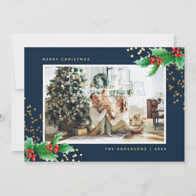 Blue Gold Watercolor Holly Photo Christmas Cards (Front)