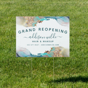 Blue Gold Watercolor Ink Modern Business Sign