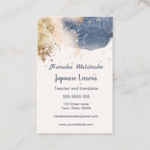 Blue  gold watercolor Japanese language Tutor Business Card