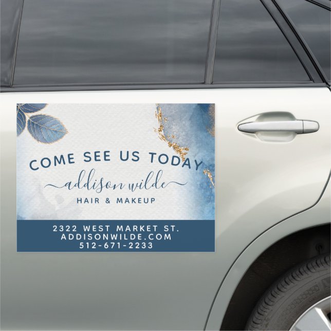 Blue Gold Watercolor Leaves Business Car Magnet (In Situ)