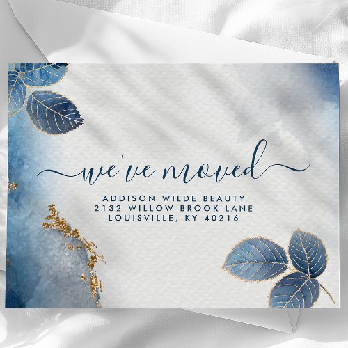 Blue Gold Watercolor Leaves Moving Announcement