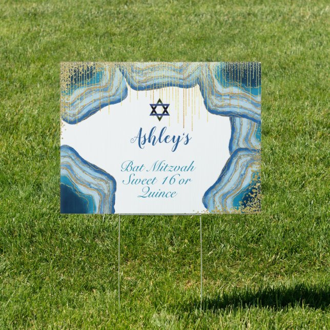 Blue & Gold Watercolor Modern Pattern Bat Mitzvah Sign (Insitu)