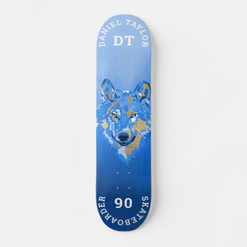 Blue Gold Watercolor Paint Gradient Monogram Wolf Skateboard