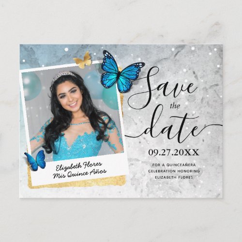 Blue Gold Watercolor Quince Photo Save the Date Announcement Postcard